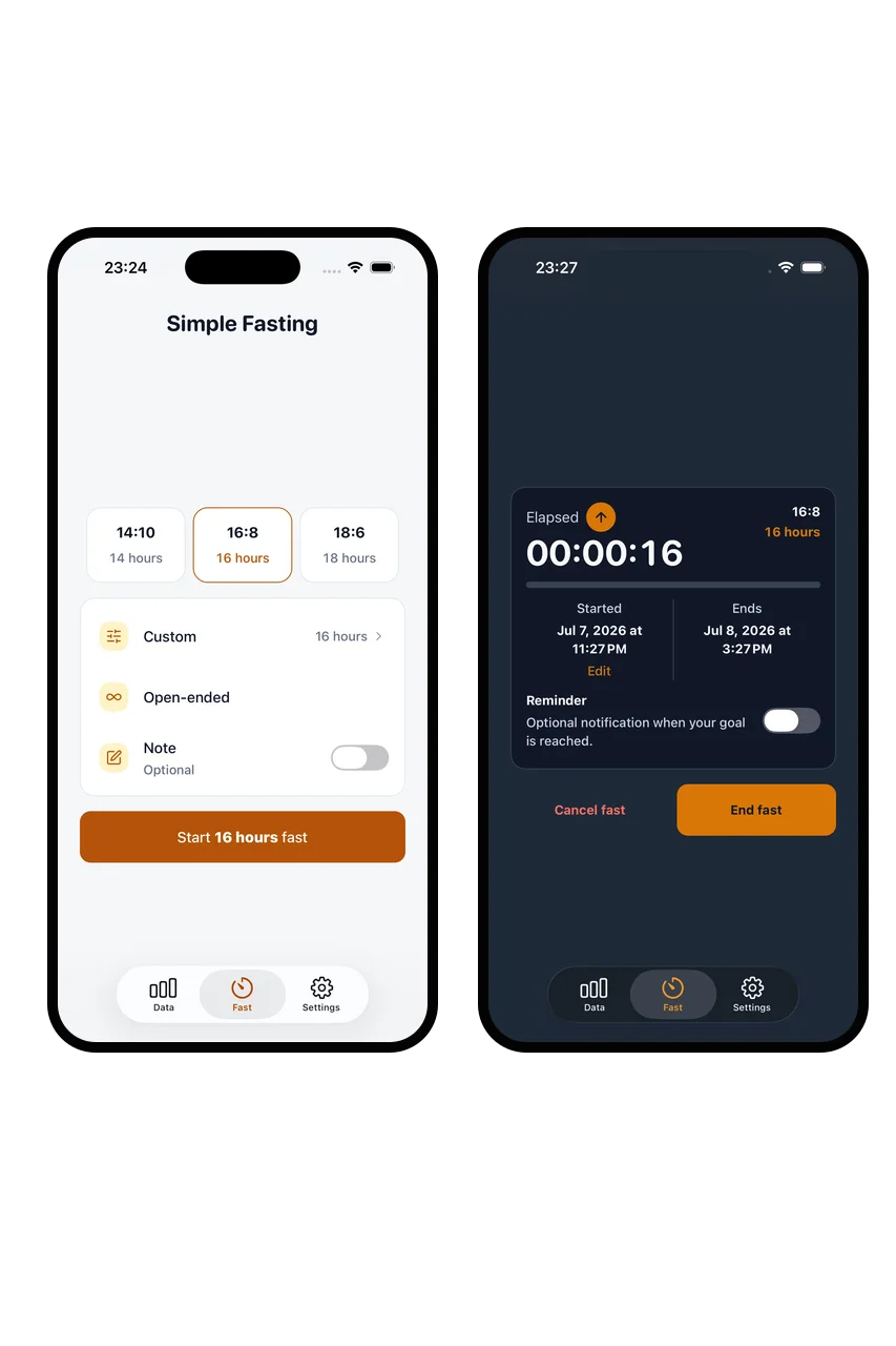 Simple Fasting ready-to-start and active fasting timer screens