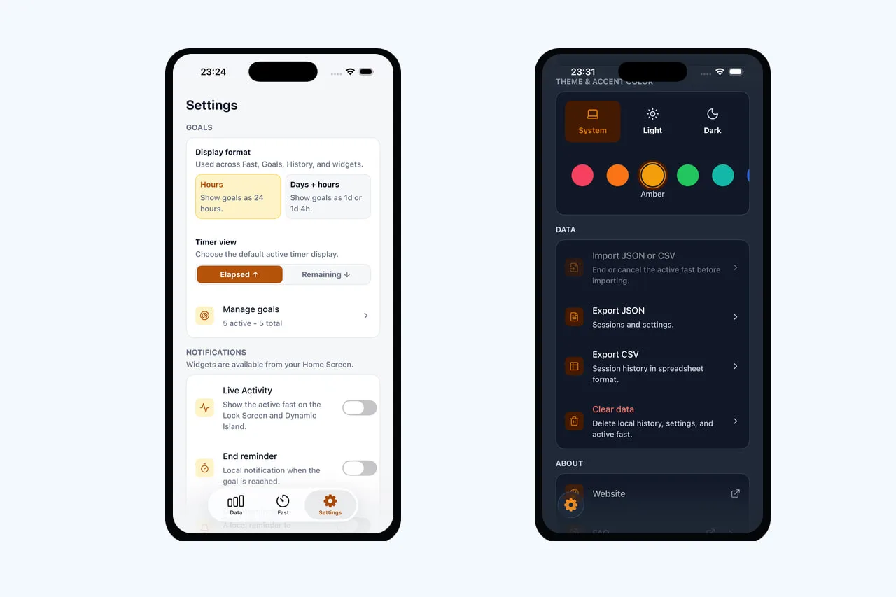 Simple Fasting appearance, reminder, widget, export, and privacy settings
